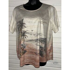 CJ Banks Sz PLUS 2X Floral Beach Scene Multicolor Burnout Tee Pullover Tunic EUC